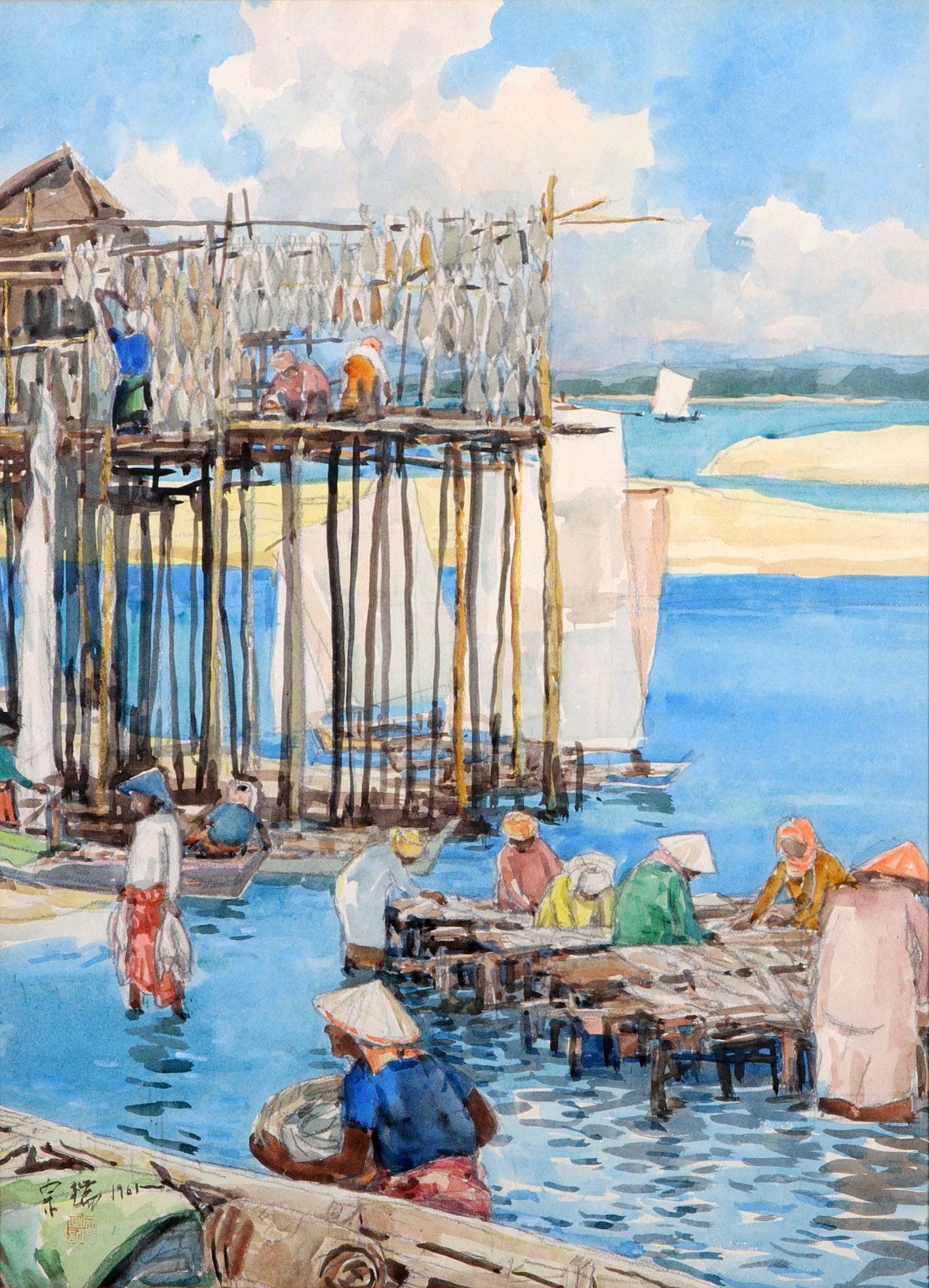 Chen Chong Swee, Drying Fish. 1961. Oil on canvas. 60 x 96 cm. Private Collection.